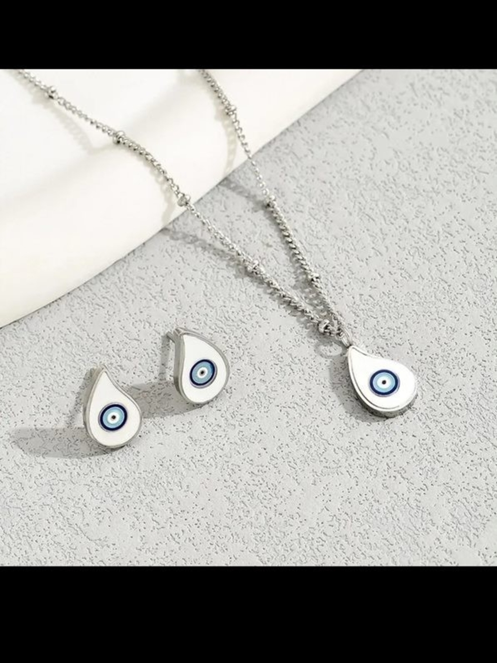 Evil Eye Teardrop Necklace and Stud Earrings Set - Silver Blue